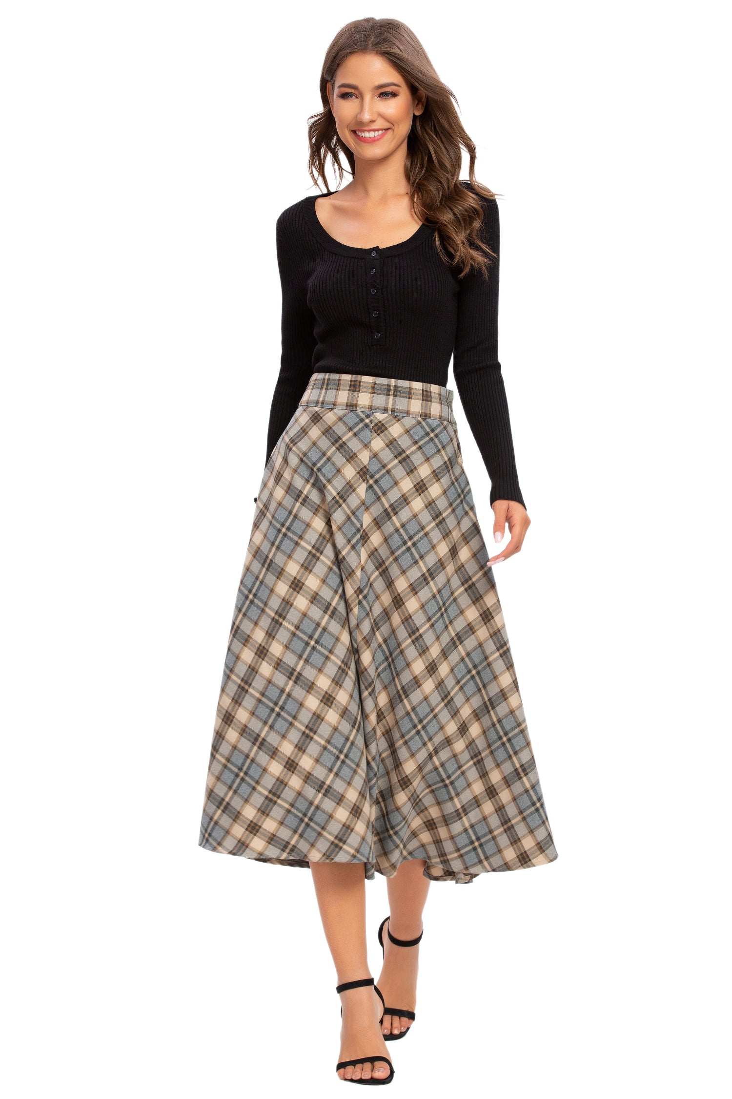 Womens High Waist Plaid Midi Skirt Brown Plaid