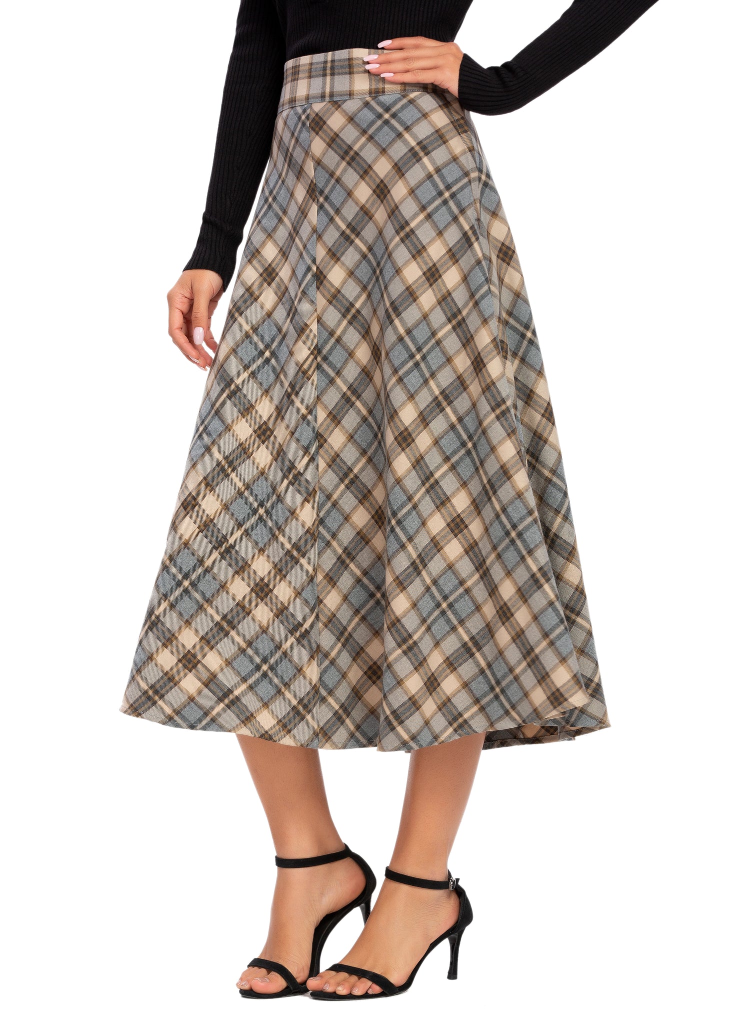 Womens High Waist Plaid Midi Skirt Brown Plaid