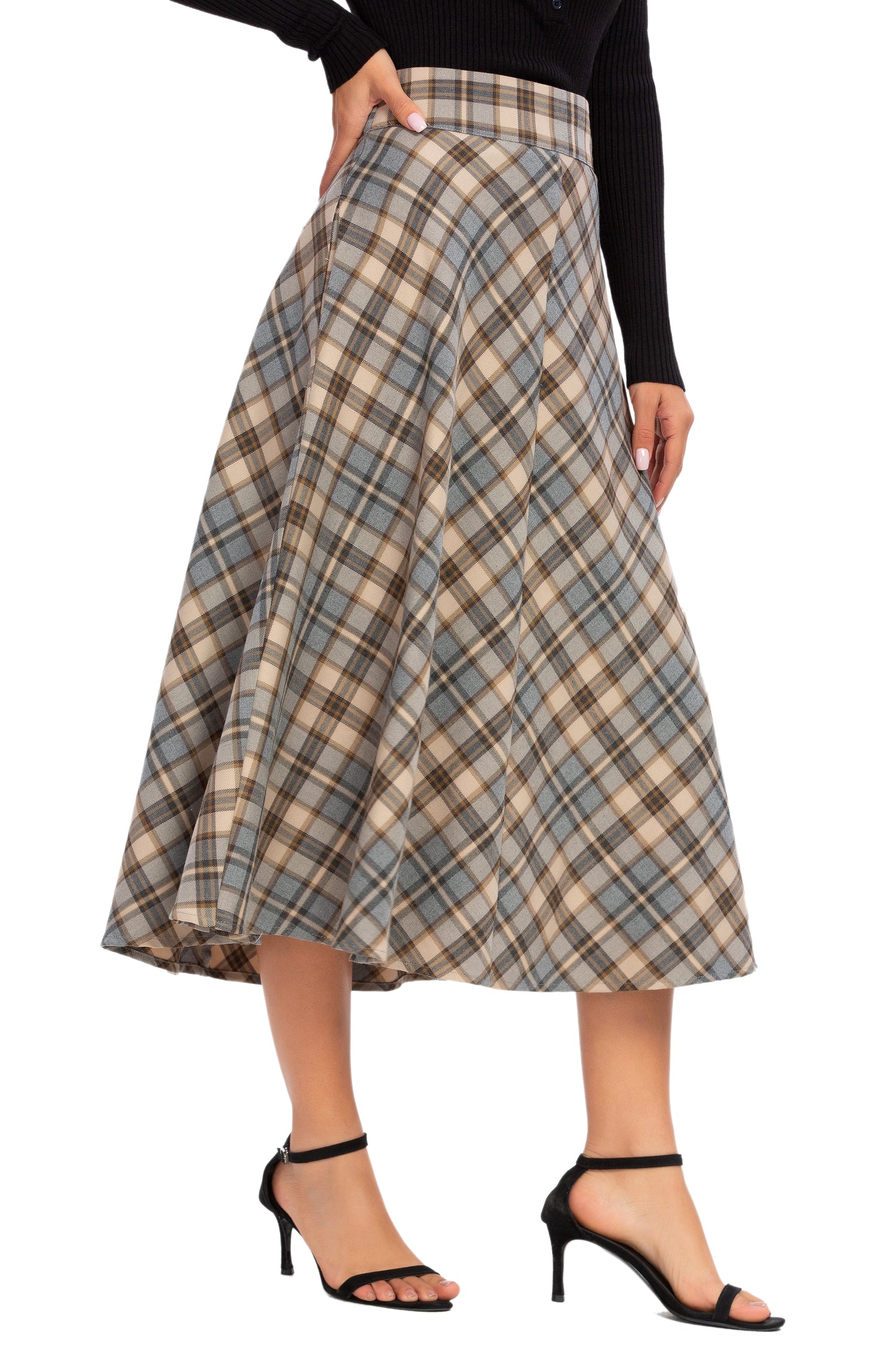 Womens High Waist Plaid Midi Skirt Brown Plaid