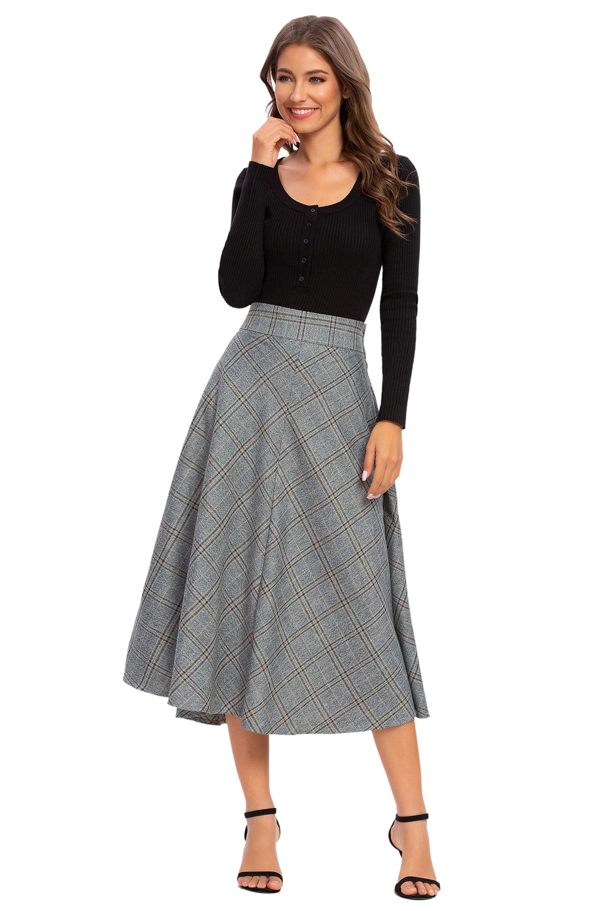 Womens High Waist Plaid Midi Skirt Grey