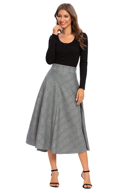 Womens High Waist Plaid Midi Skirt Grey