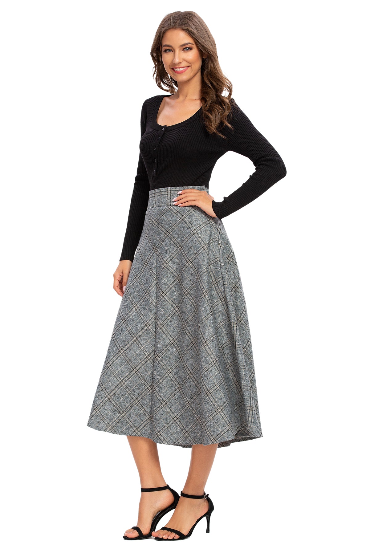 Womens High Waist Plaid Midi Skirt Grey