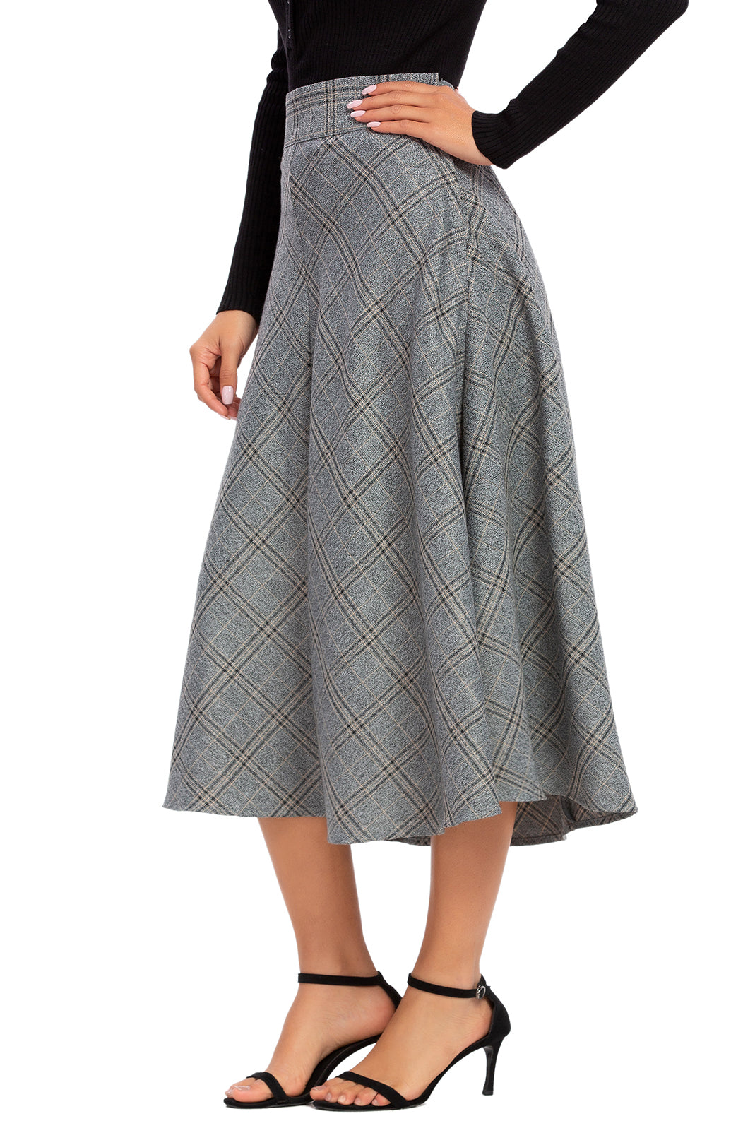 Womens High Waist Plaid Midi Skirt Grey
