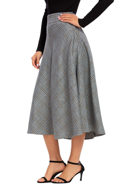 Womens High Waist Plaid Midi Skirt Grey