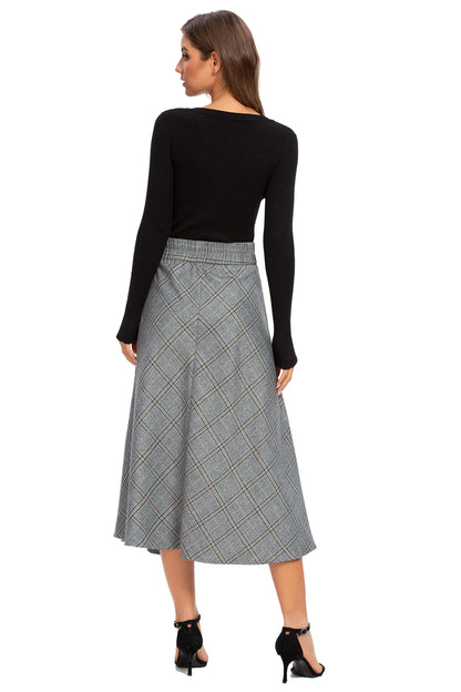 Womens High Waist Plaid Midi Skirt Grey