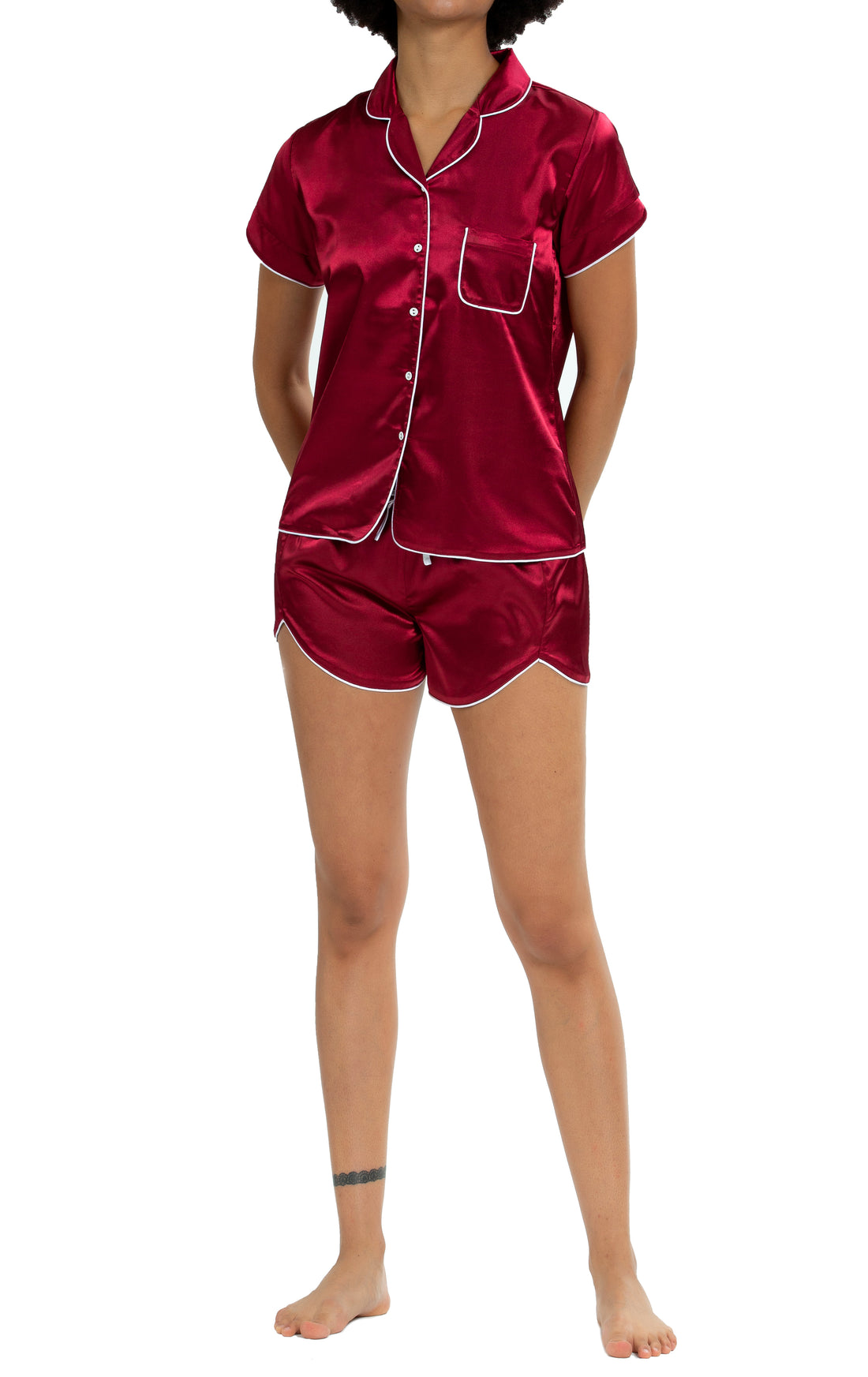 Womens Silky Satin Short Sleeve Pajamas Set Wine