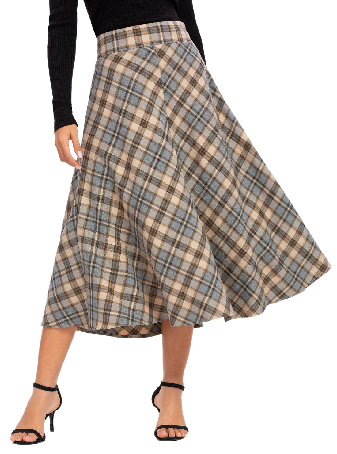 Womens High Waist Plaid Midi Skirt Brown Plaid