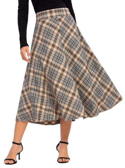 Womens High Waist Plaid Midi Skirt Brown Plaid