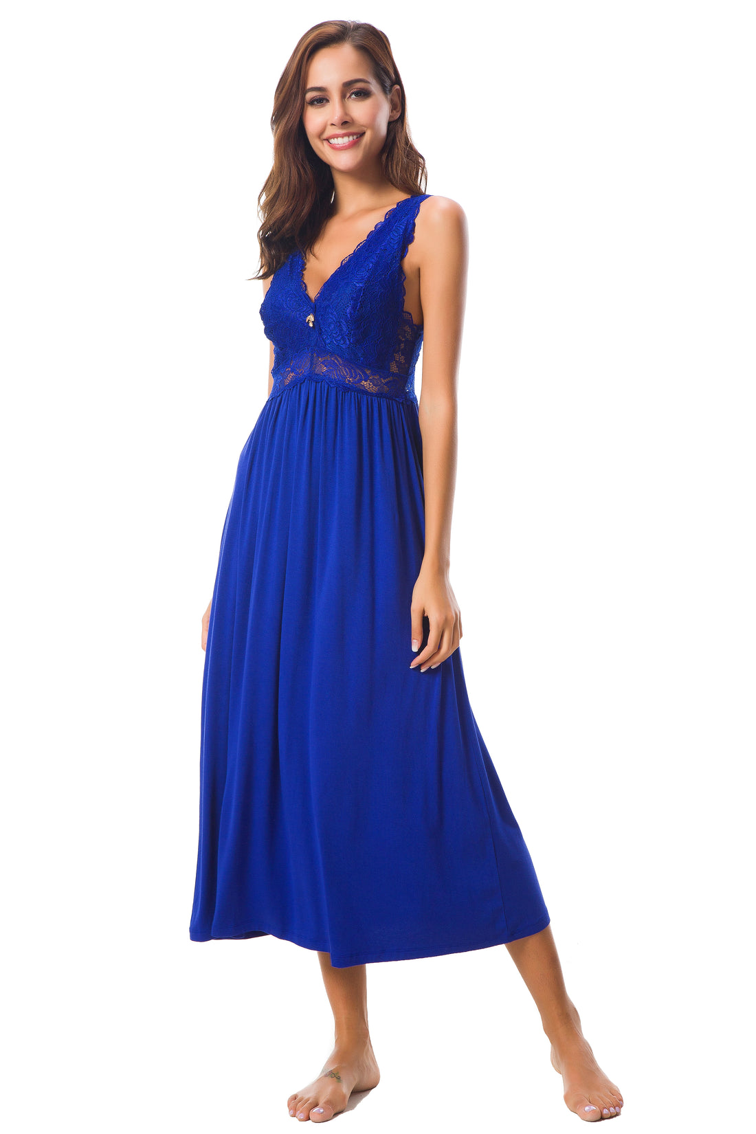 Sexy Lace Jersey Elegant Long Nightgown Chemises Royalblue
