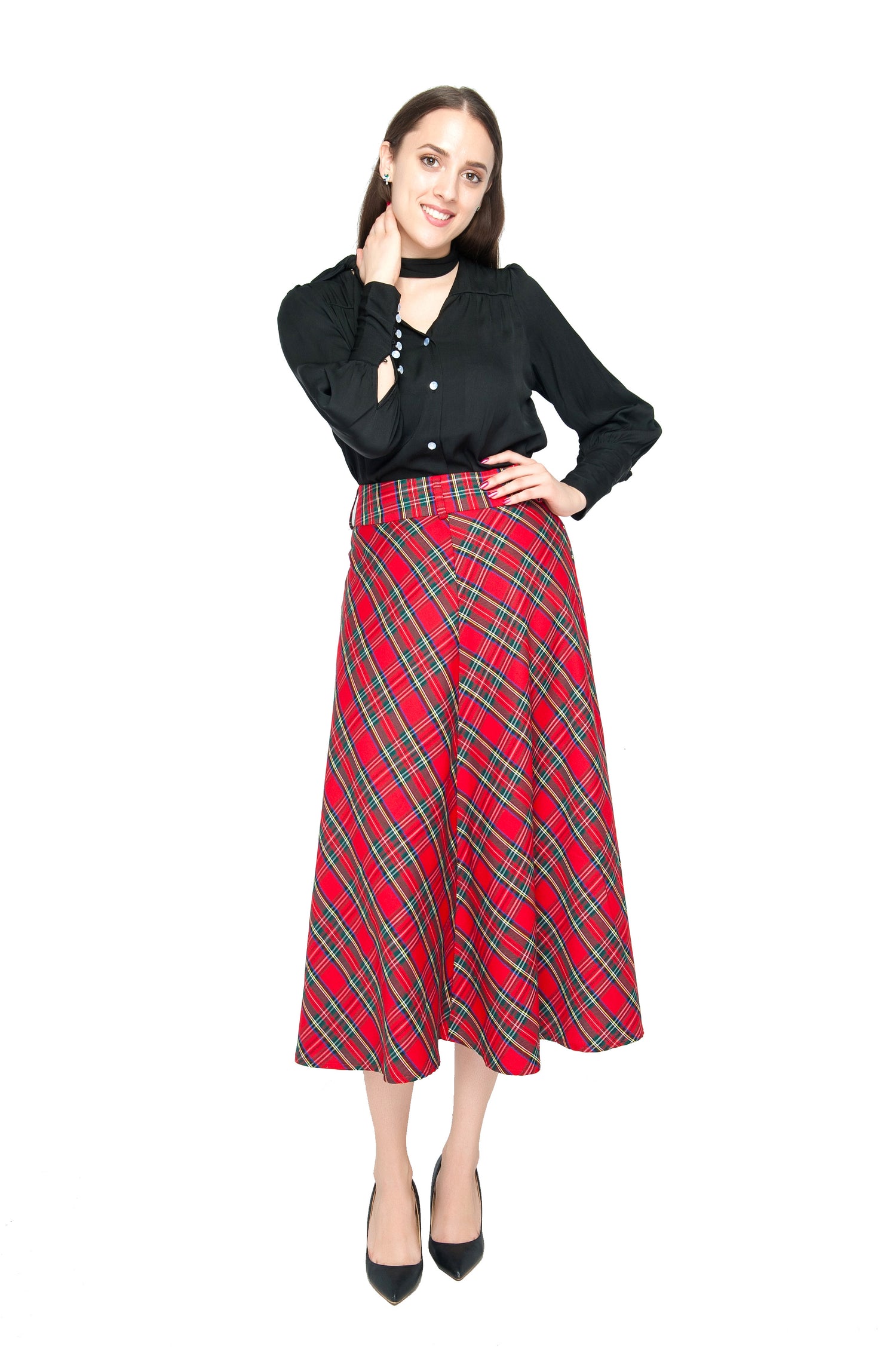 Womens High Waist Plaid Midi Skirt Red Plaid