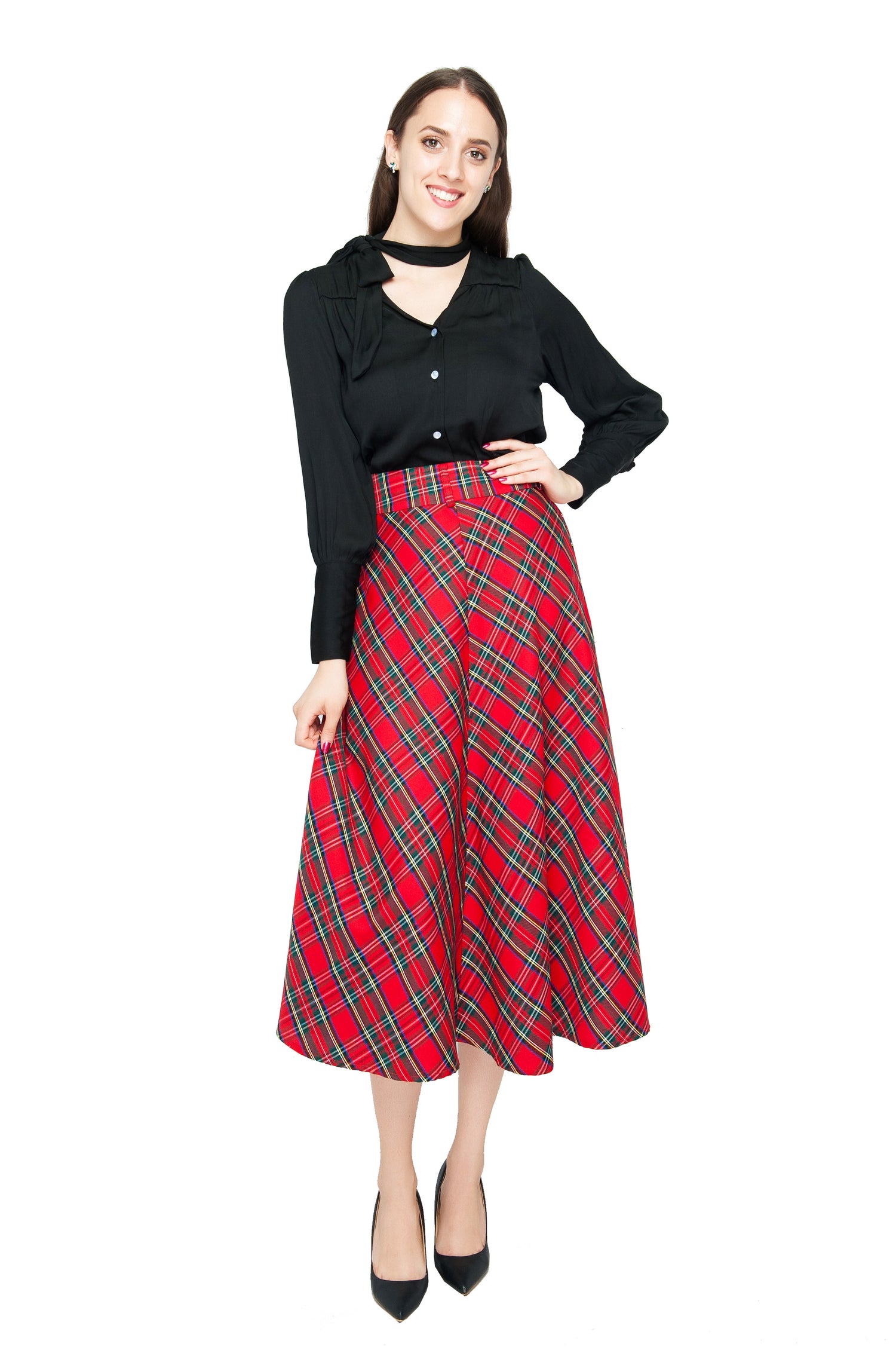 Womens High Waist Plaid Midi Skirt Red Plaid