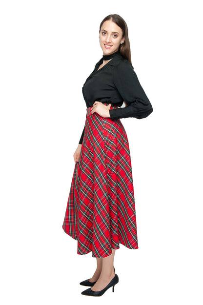 Womens High Waist Plaid Midi Skirt Red Plaid