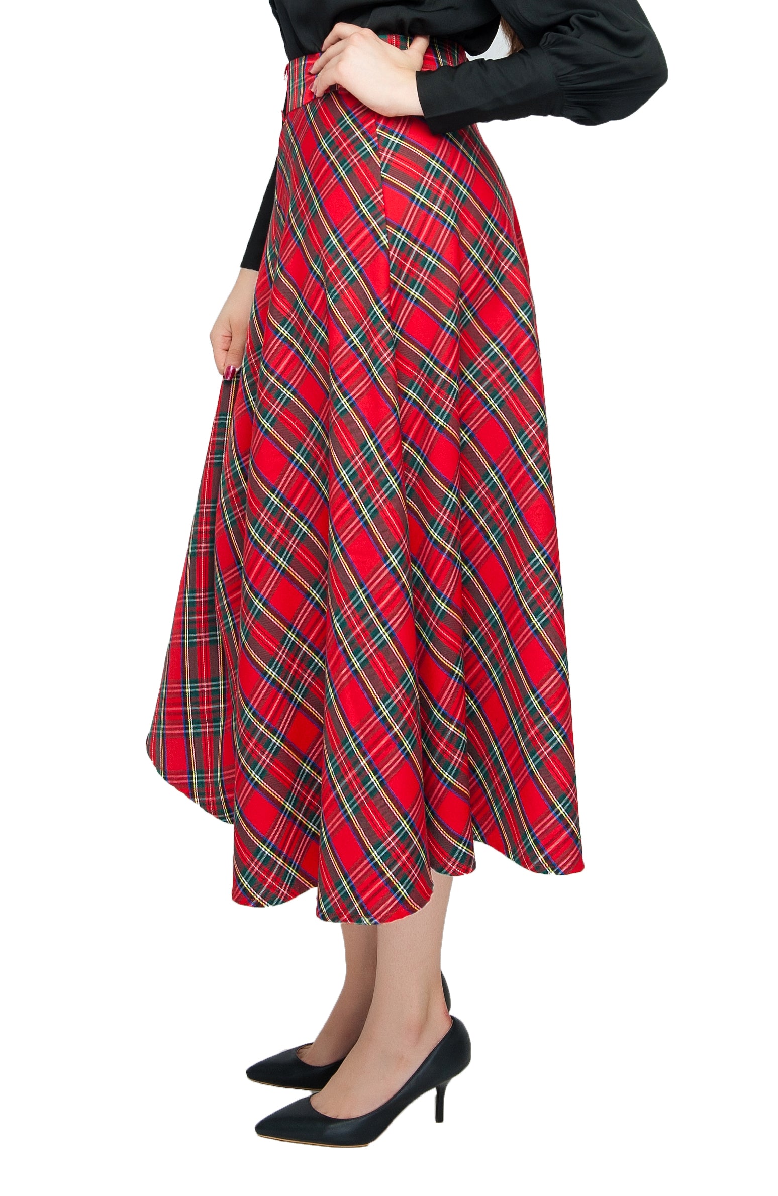 Womens High Waist Plaid Midi Skirt Red Plaid
