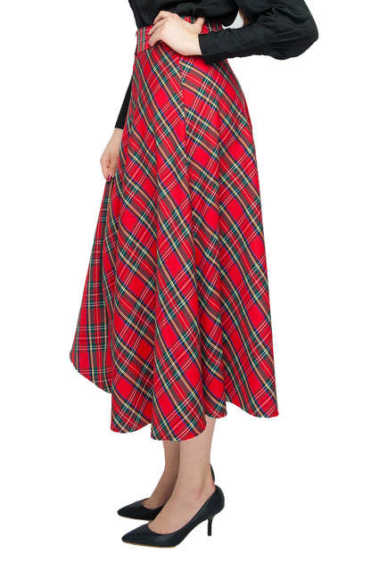 Womens High Waist Plaid Midi Skirt Red Plaid