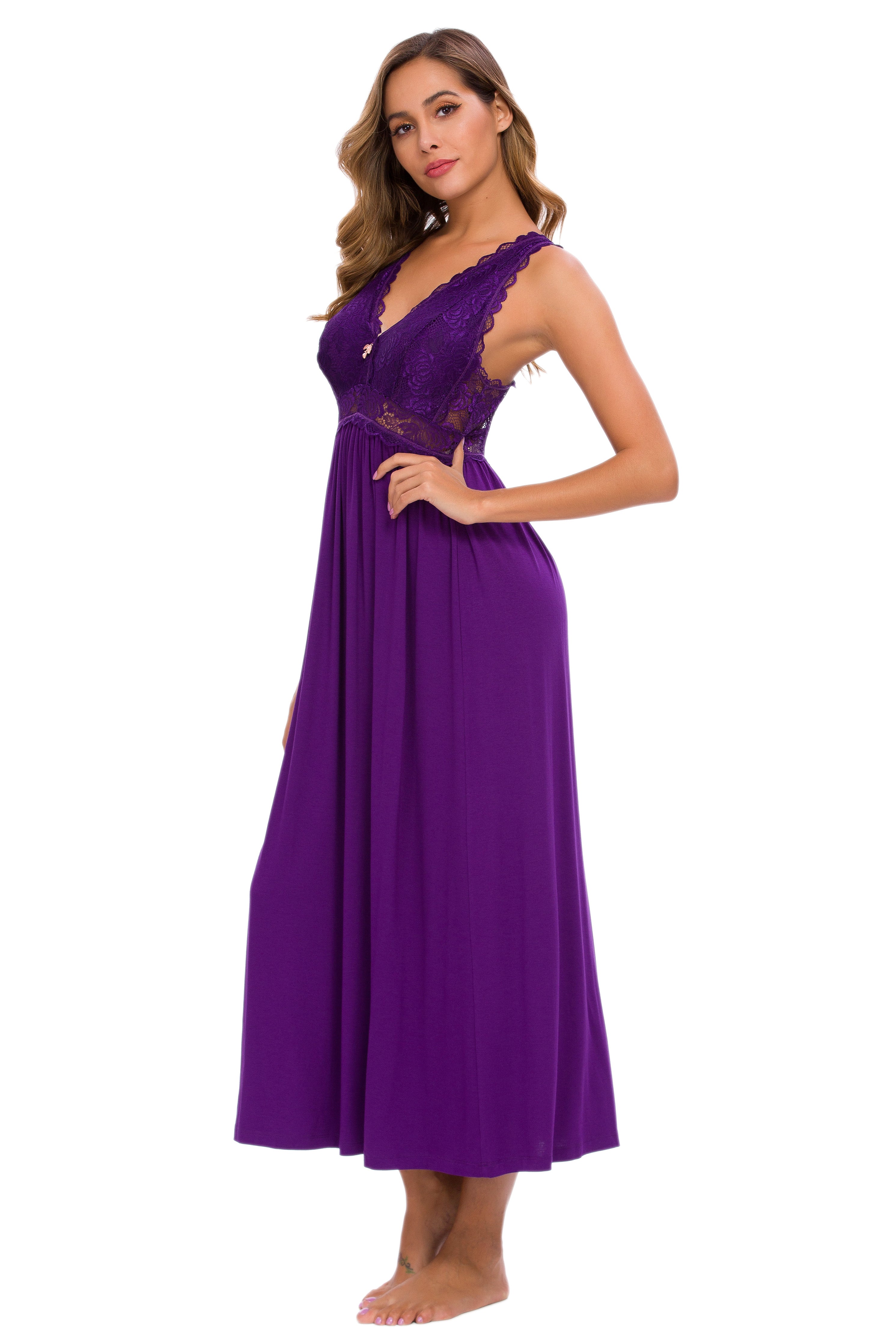 Sexy Lace Jersey Elegant Long Nightgown Chemises Purple