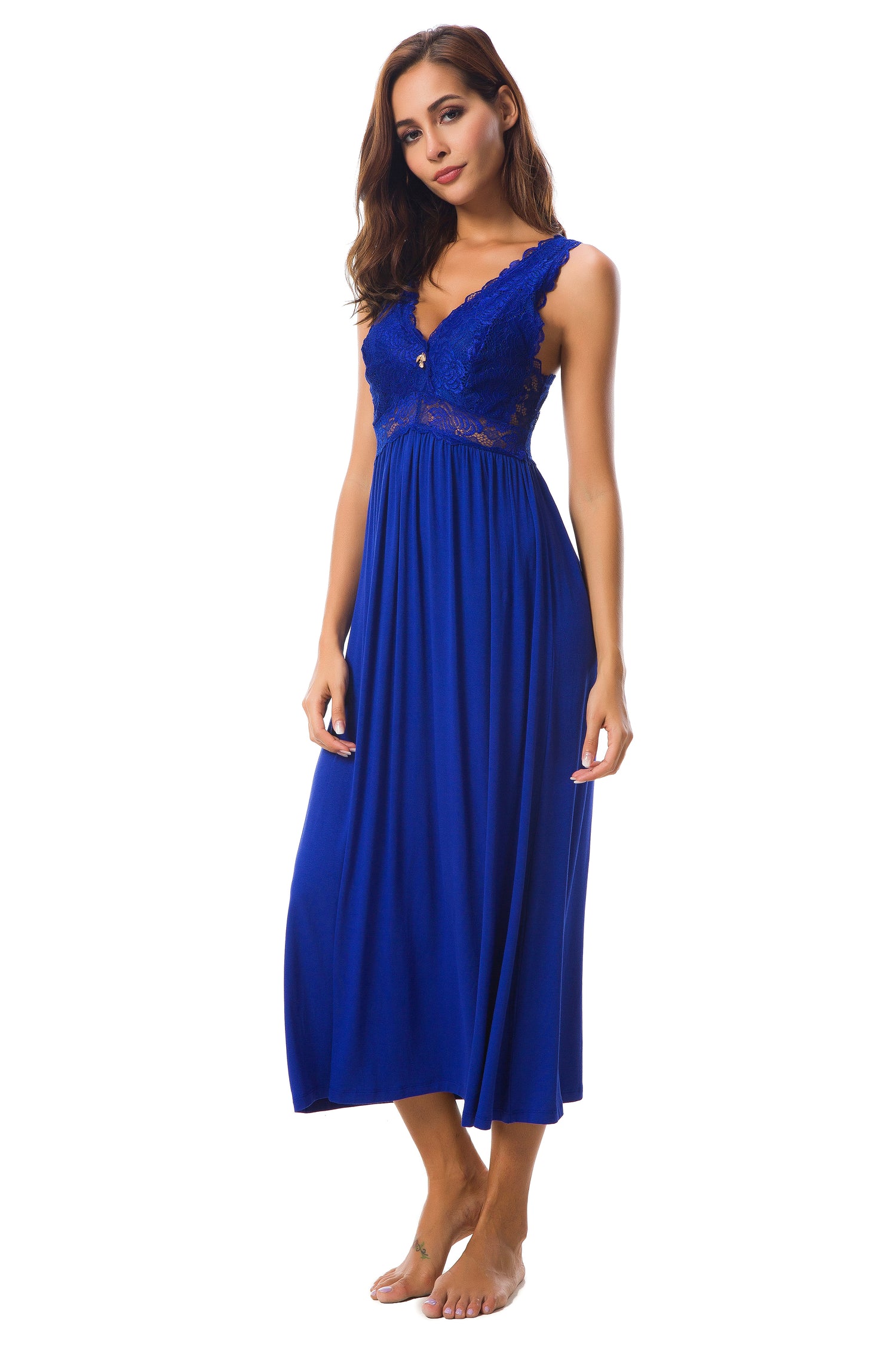Sexy Lace Jersey Elegant Long Nightgown Chemises Royalblue