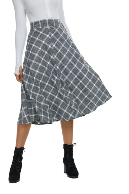 Womens High Waist Plaid Midi Skirt Grey Plaid