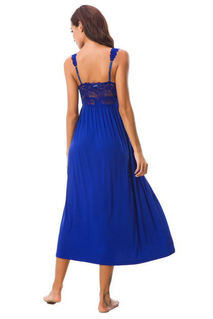 Sexy Lace Jersey Elegant Long Nightgown Chemises Royalblue