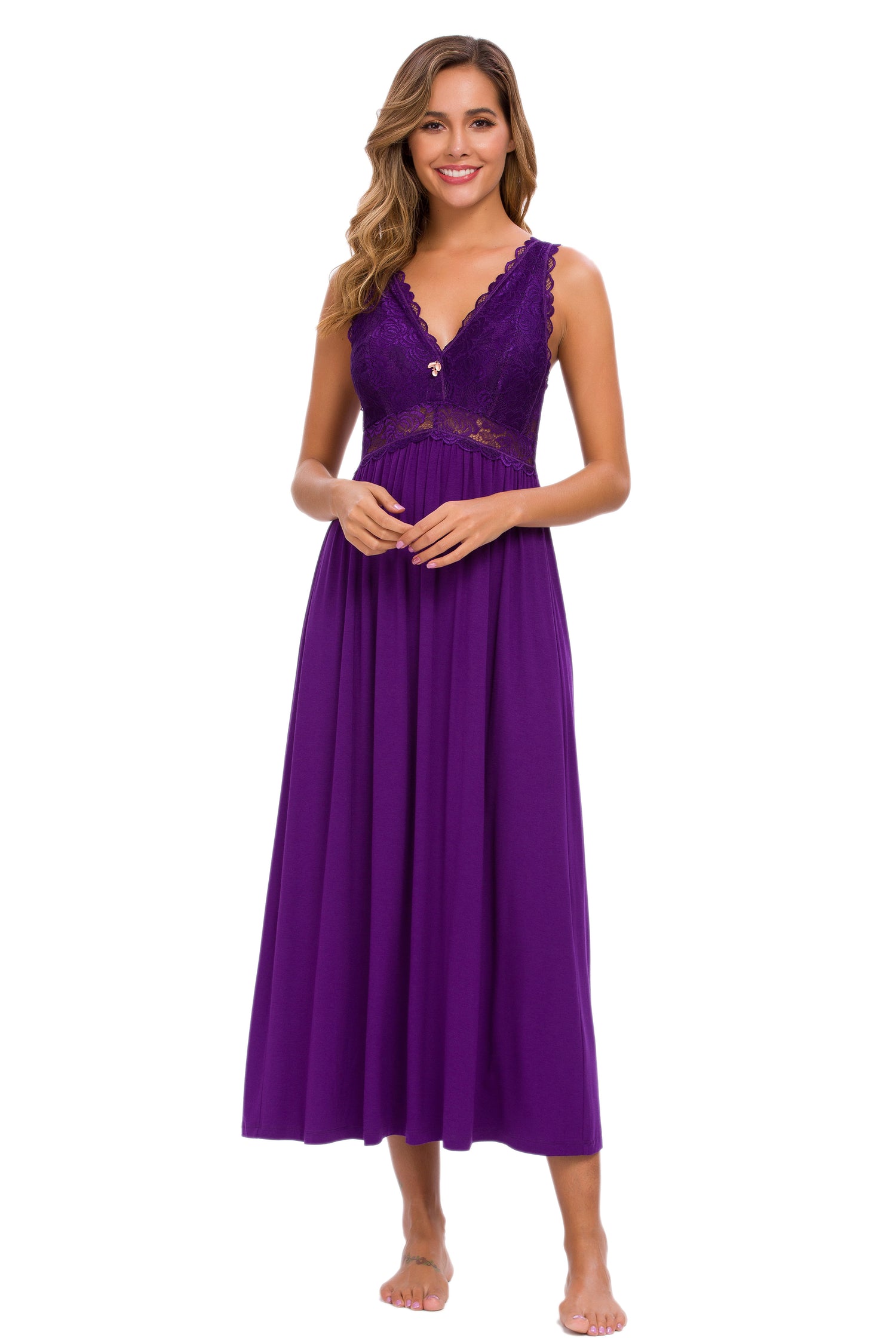 Sexy Lace Jersey Elegant Long Nightgown Chemises Purple
