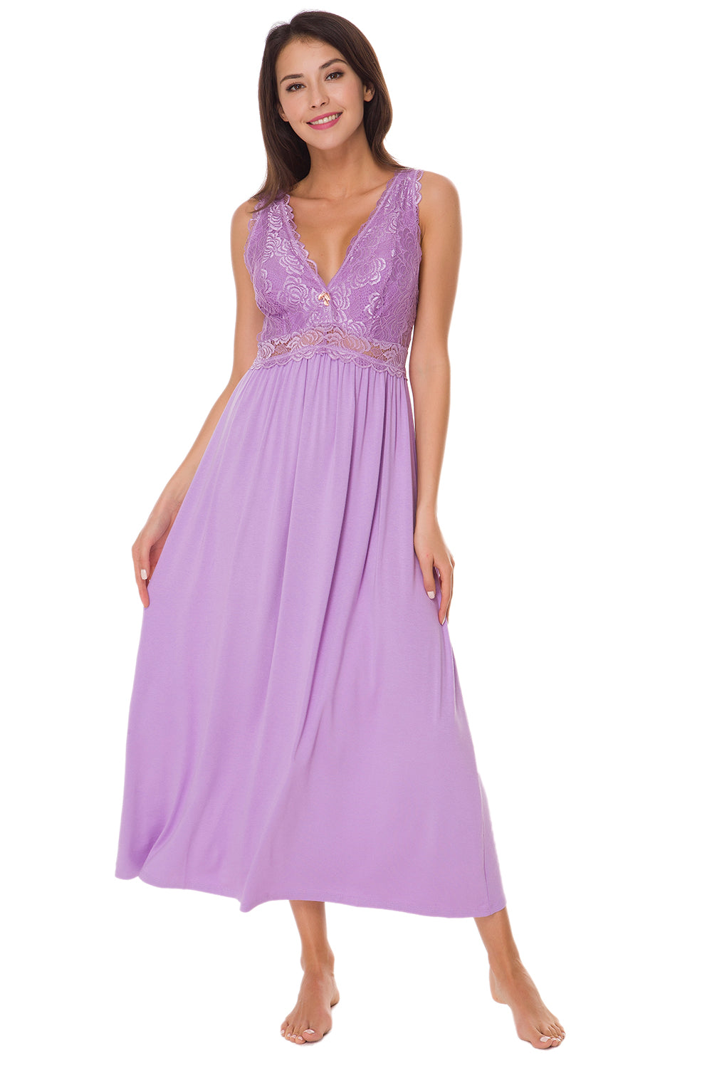 Sexy Lace Jersey  Elegant Long Nightgown Chemises Lavender