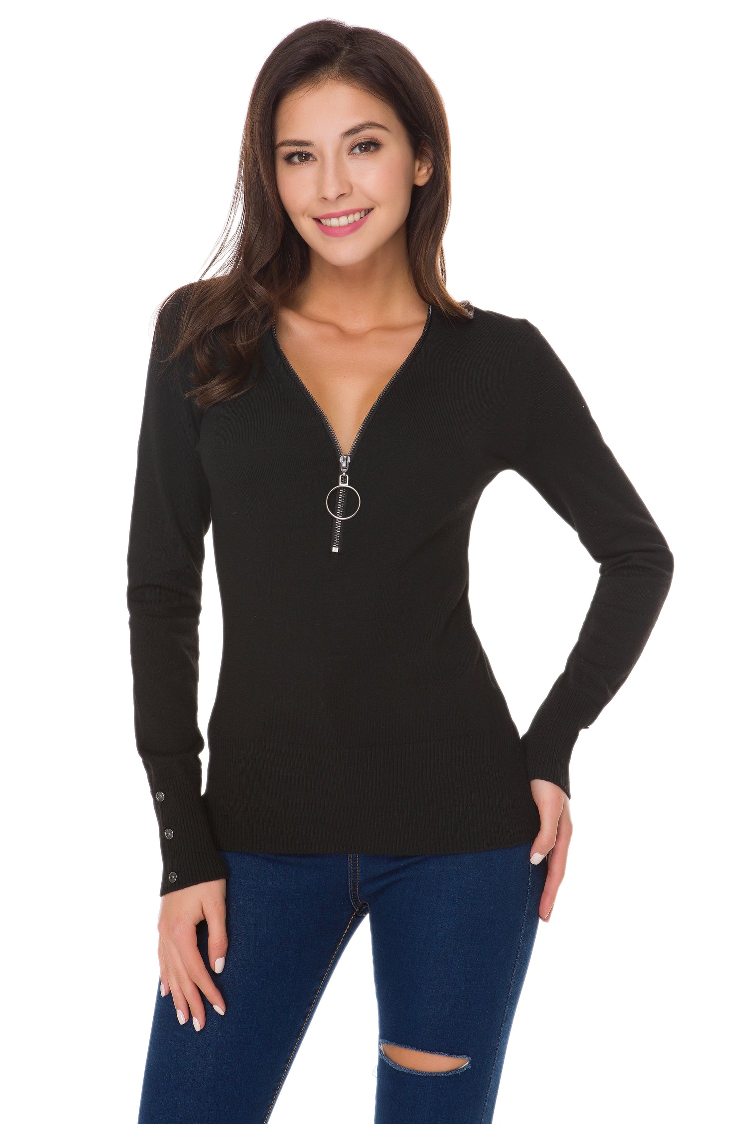 女式性感合身拉链 V 领毛衣黑色
