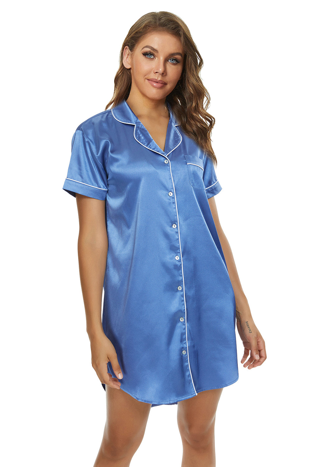 短袖缎面男友领睡衣午夜