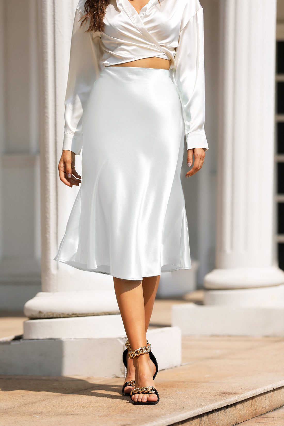 High Waist Silky Satin Fishtail Midi Skirt White