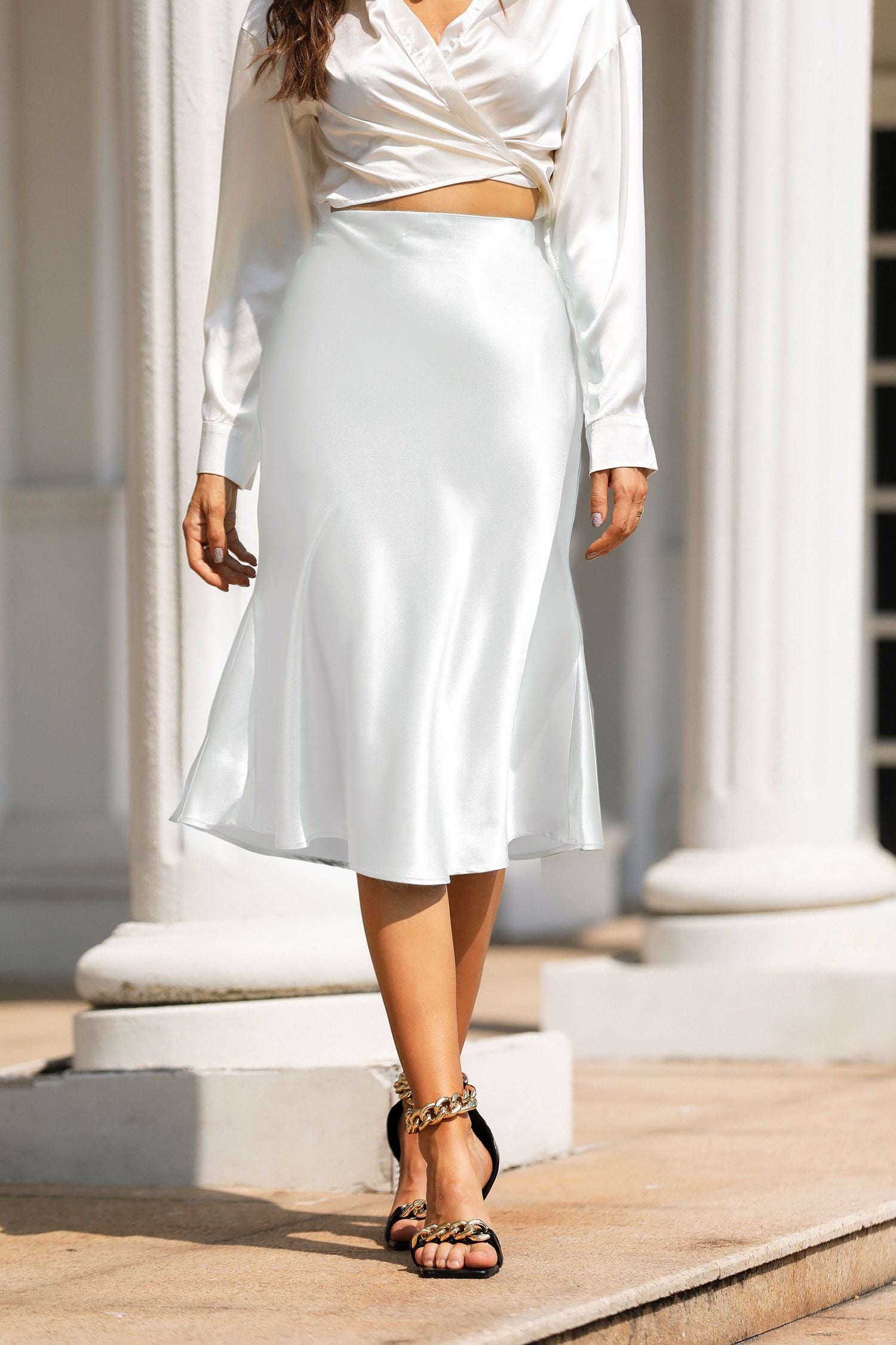 High Waist Silky Satin Fishtail Midi Skirt White