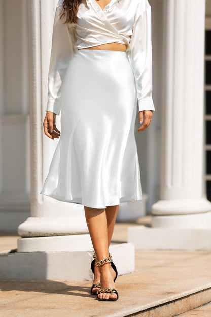 High Waist Silky Satin Fishtail Midi Skirt White