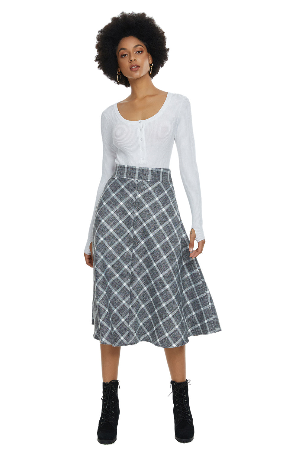 Womens High Waist Plaid Midi Skirt Grey Plaid