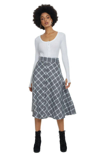 Womens High Waist Plaid Midi Skirt Grey Plaid