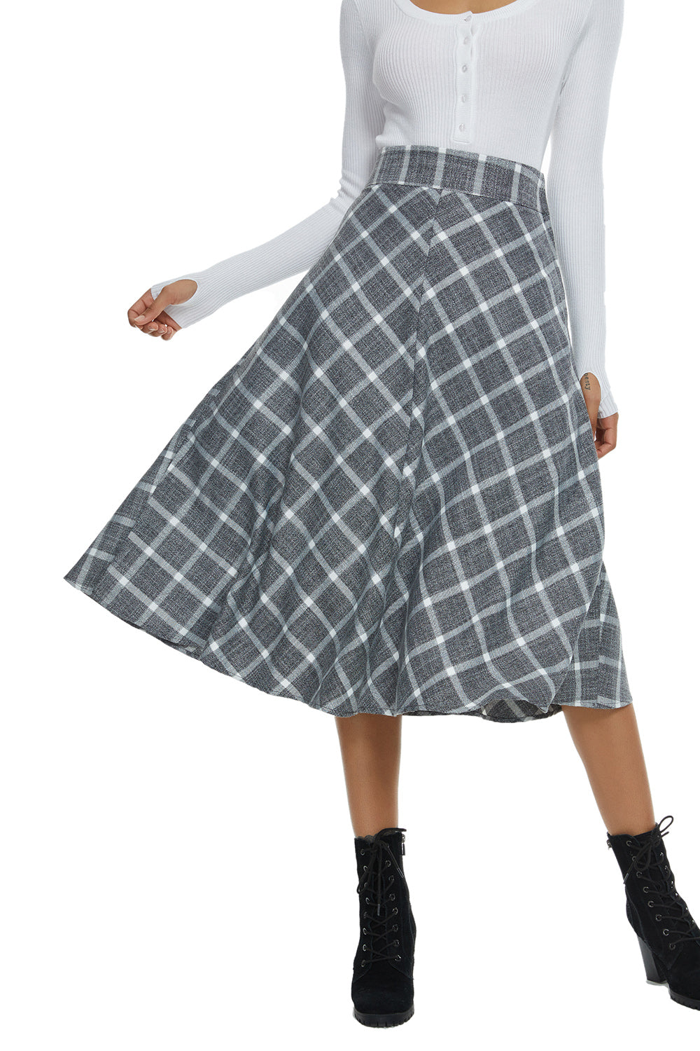 Womens High Waist Plaid Midi Skirt Grey Plaid