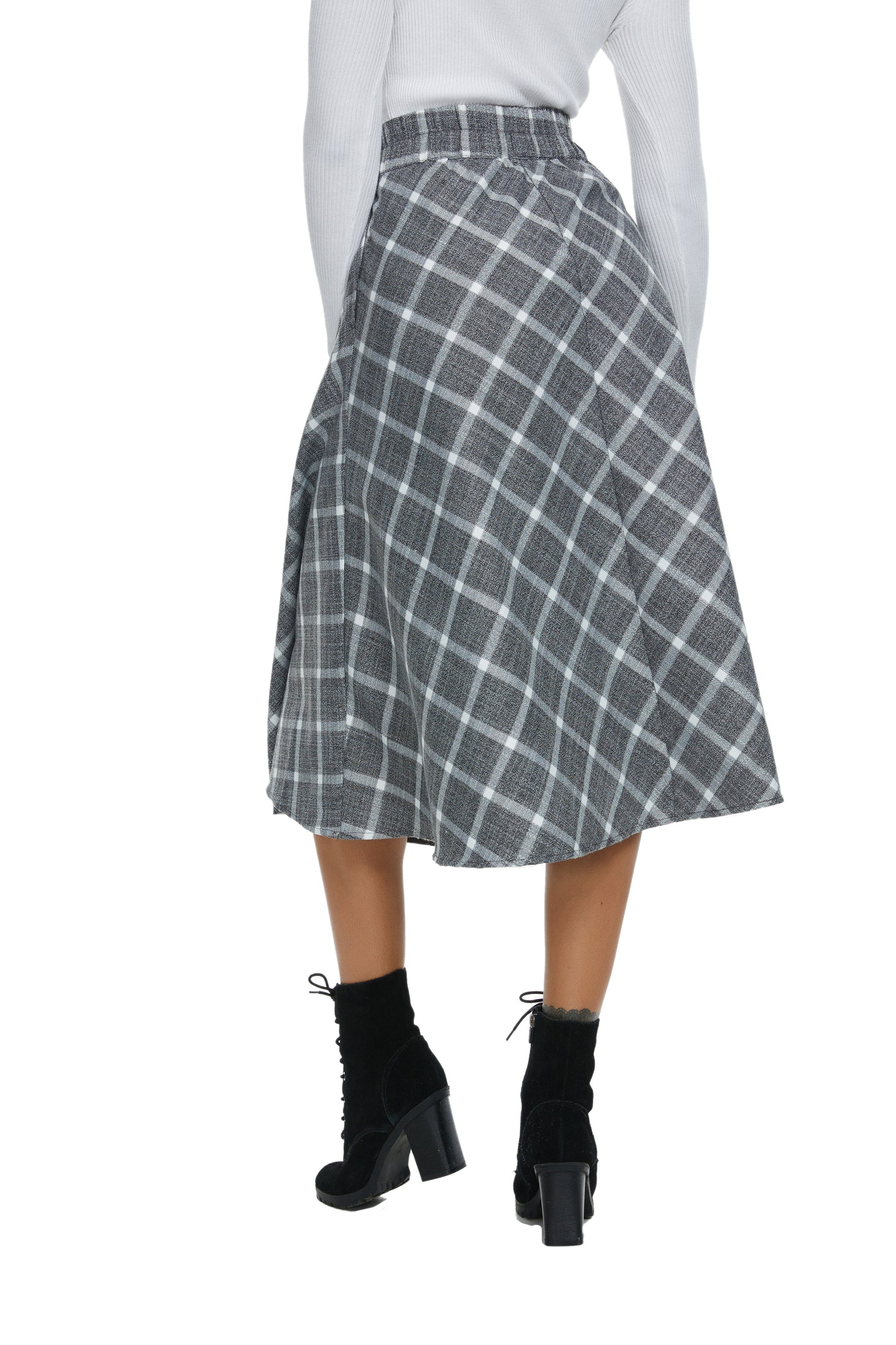 Womens High Waist Plaid Midi Skirt Grey Plaid