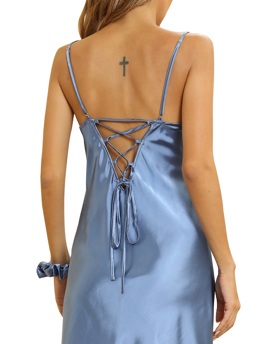 ALCEA ROSEA Women Silk Satin Nightgown Sexy Lace Chemise Lingerie Long Sleepdress for Ladies Sleepwear Slip Negligee Midblue