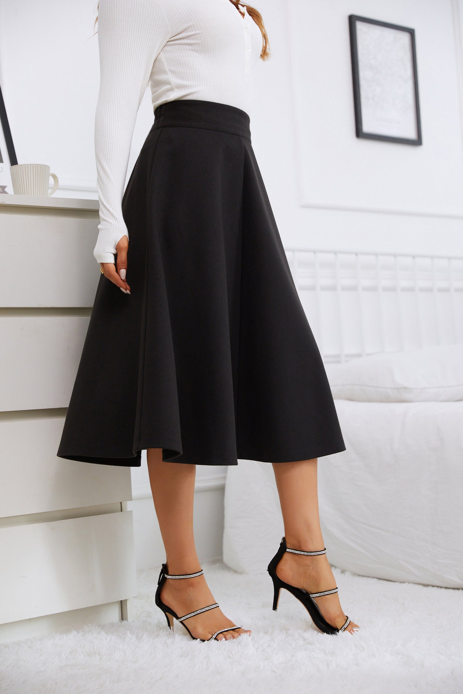 Womens High Waist Plaid Midi Skirt Black