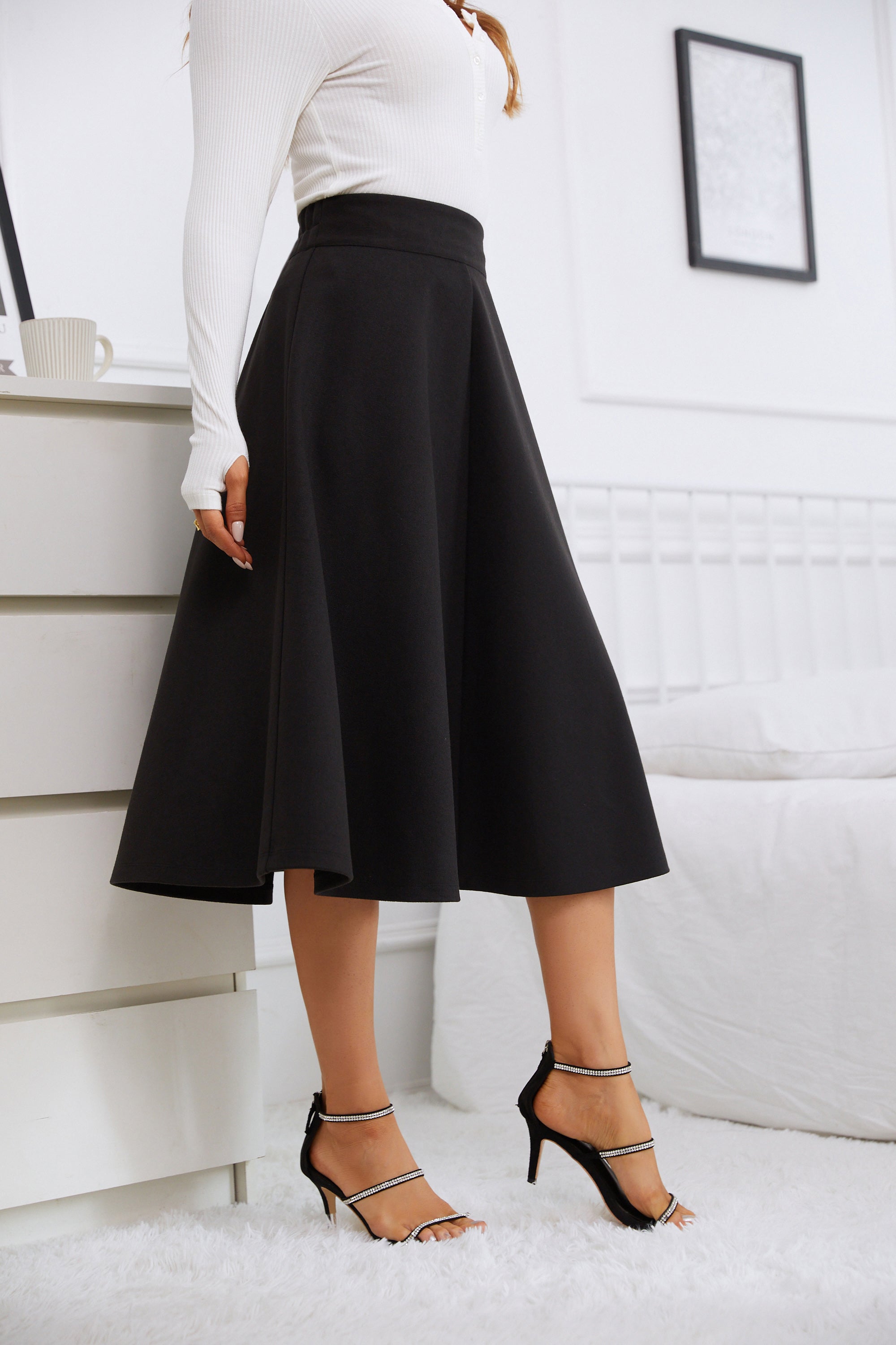 Womens High Waist Plaid Midi Skirt Black