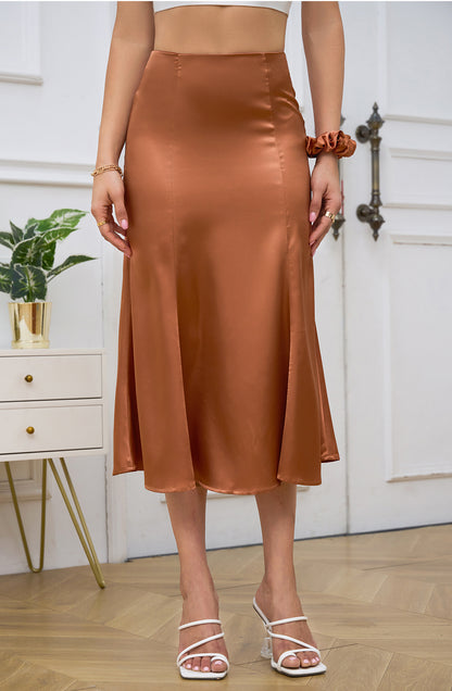 Alcea Rosea Womens Satin Midi Skirt A Line High Waist Silk Flared Solid Slip Skirts Casual Elegant Carmel
