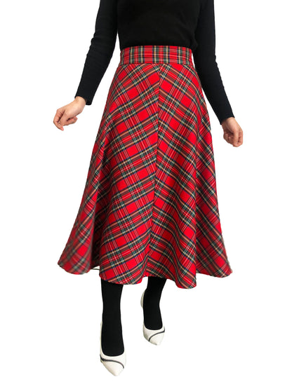 Womens High Waist Plaid Midi Skirt Red Plaid